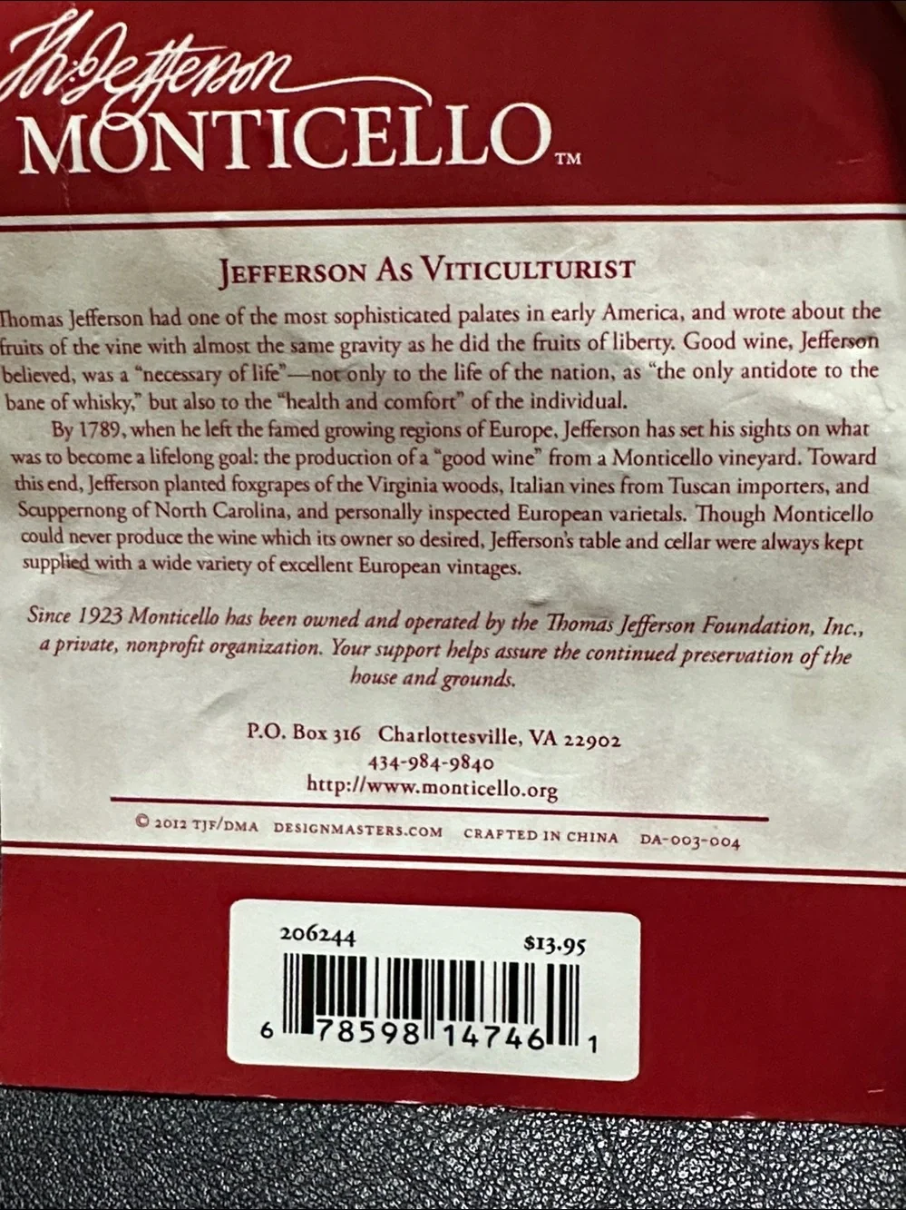 2012 The Jefferson Monticello Wine Glass Charm Set NEW